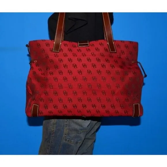 Dooney And Bourke Dark Red And Brown Canvas DB Logo Print Purse