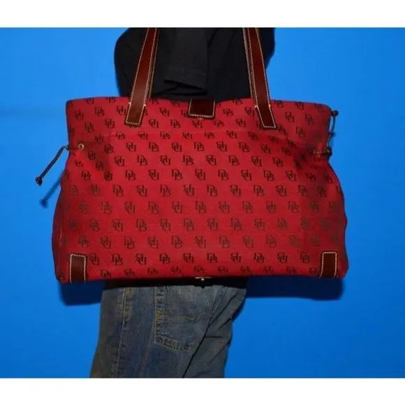 Dooney And Bourke Dark Red And Brown Canvas DB Logo Print Purse