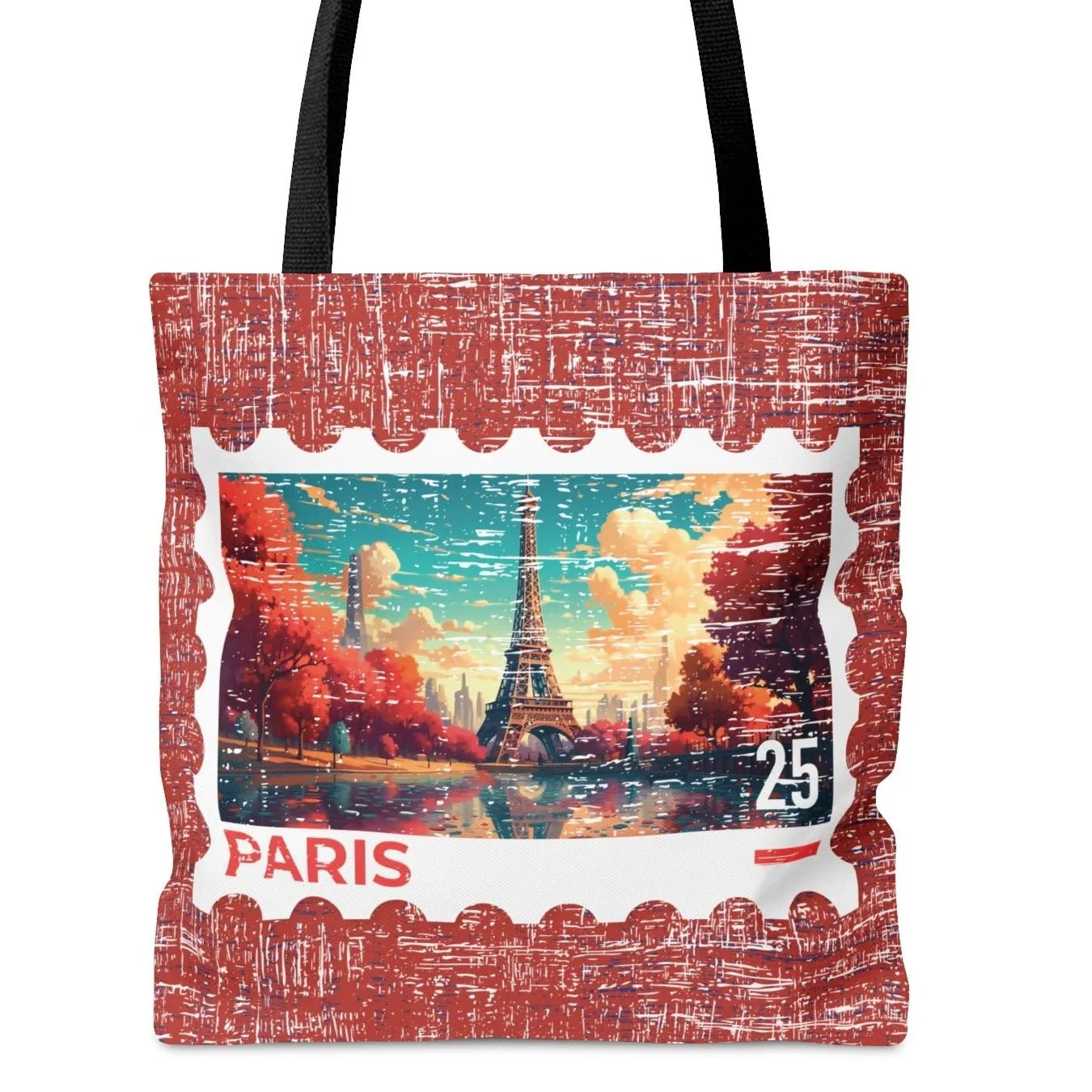 Fall Eiffel Tower Stamp Large Tote Bag - Parisian Autumn Postage Stamp on Burgundy
