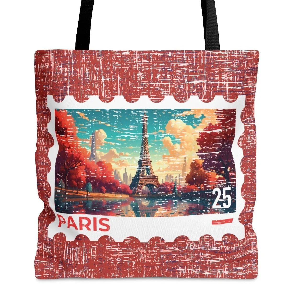 Fall Eiffel Tower Stamp Large Tote Bag - Parisian Autumn Postage Stamp on Burgundy