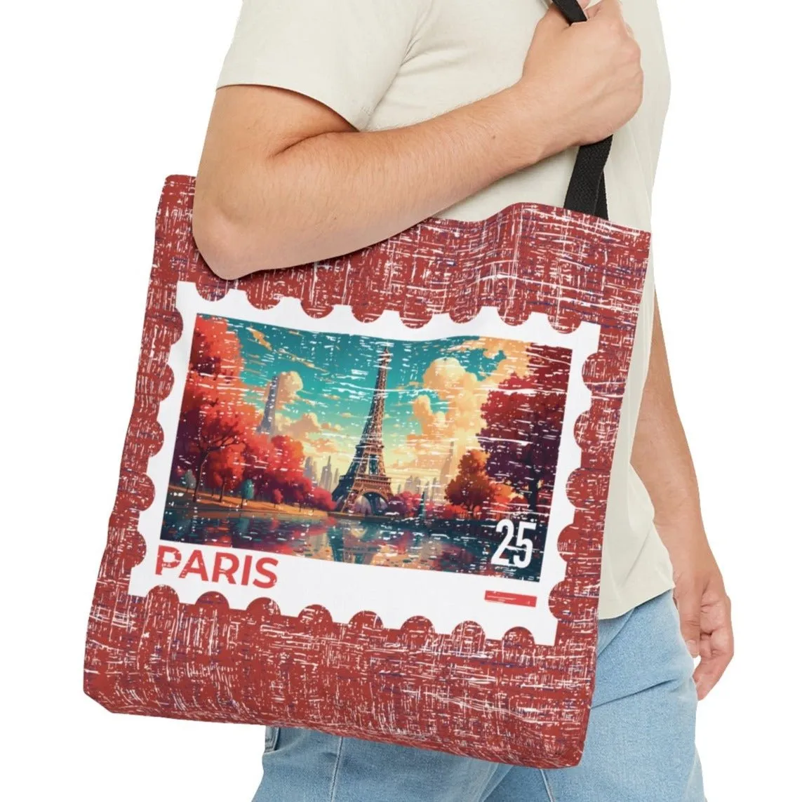 Fall Eiffel Tower Stamp Large Tote Bag - Parisian Autumn Postage Stamp on Burgundy
