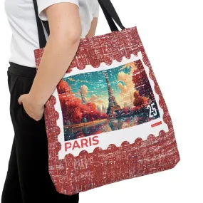 Fall Eiffel Tower Stamp Large Tote Bag - Parisian Autumn Postage Stamp on Burgundy
