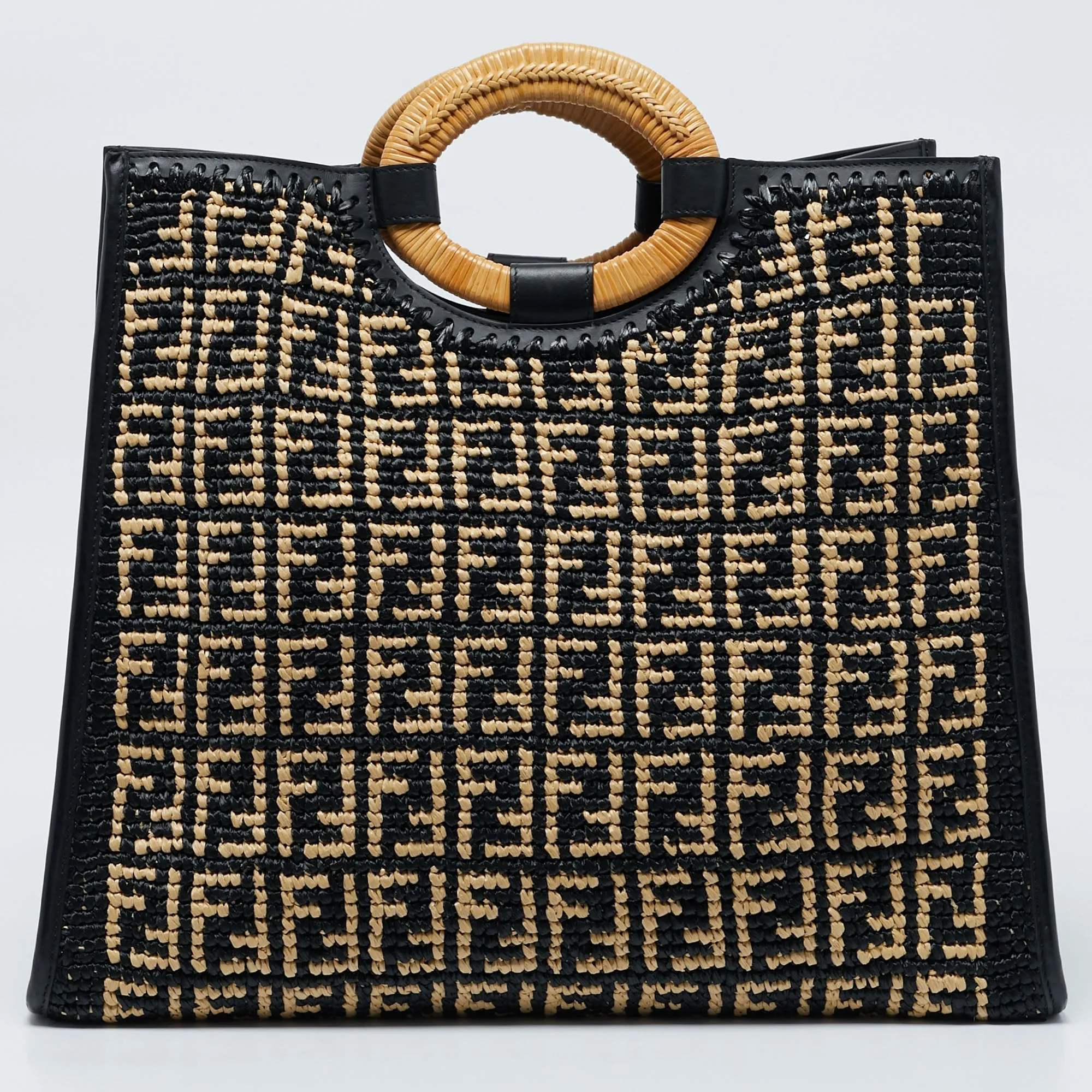 Fendi Black/natural Ff Raffia And Leather Large Runaway Shopper Tote