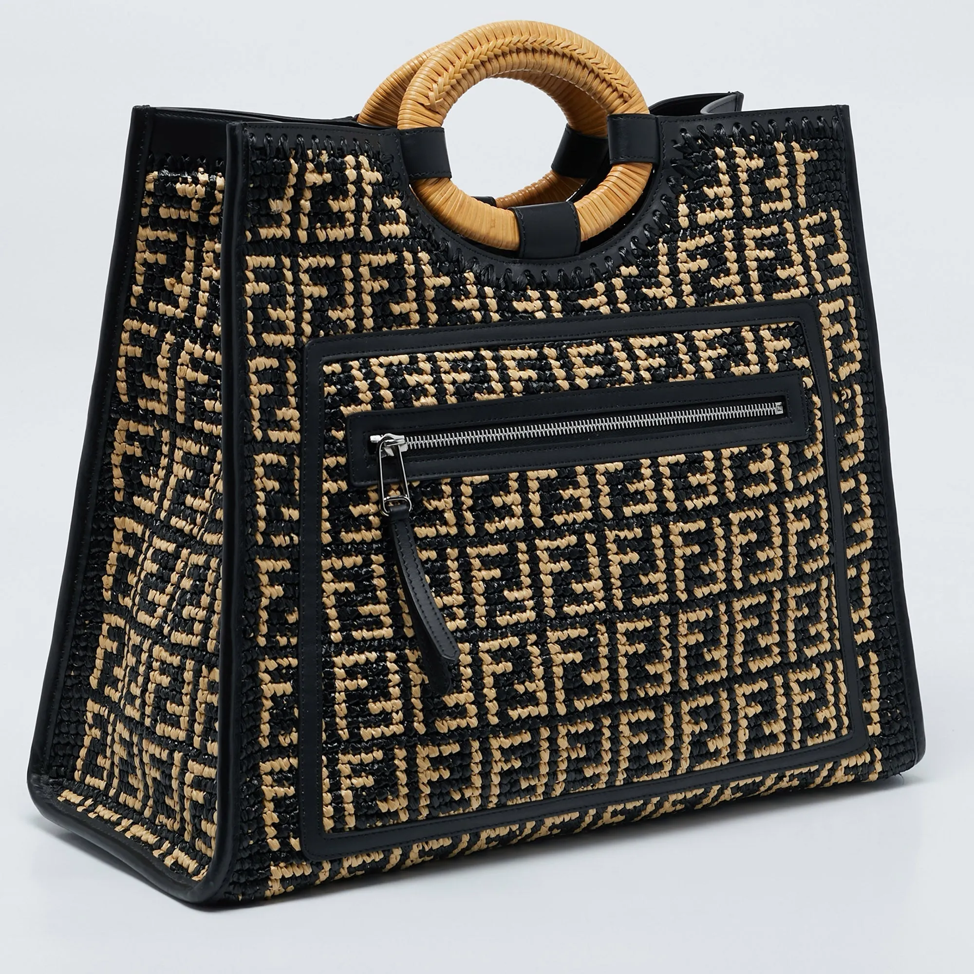 Fendi Black/natural Ff Raffia And Leather Large Runaway Shopper Tote