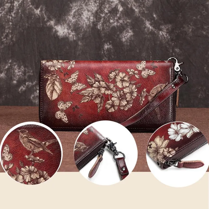 Genuine Leather Large Capacity Floral Printed Vintage Wallet