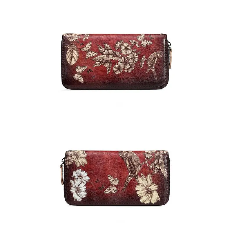 Genuine Leather Large Capacity Floral Printed Vintage Wallet