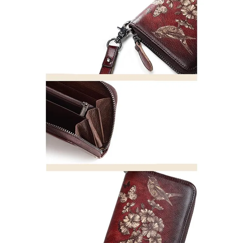 Genuine Leather Large Capacity Floral Printed Vintage Wallet