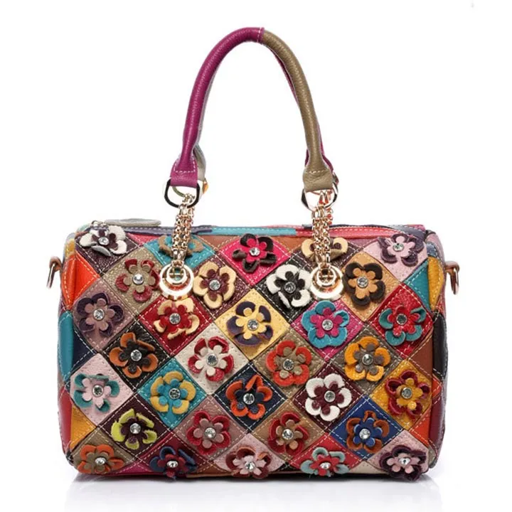 Genuine Leather Multicolor Flower Handbag