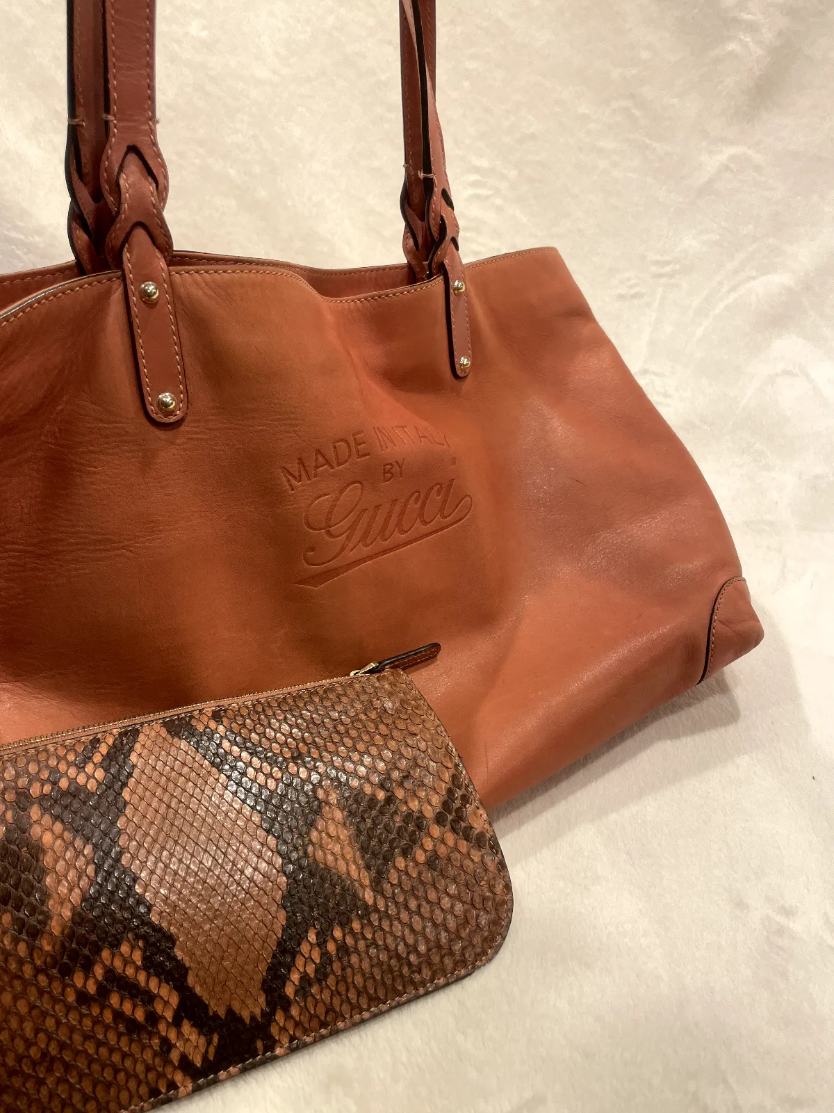 Gucci Brown Craft Leather Tote w Detachable Python Wallet