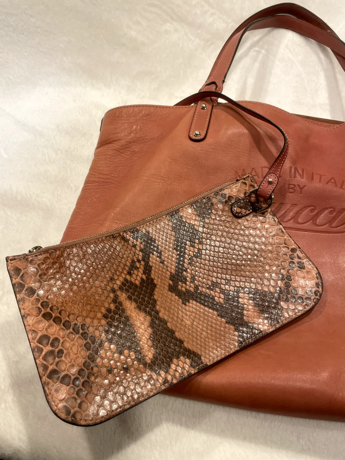 Gucci Brown Craft Leather Tote w Detachable Python Wallet