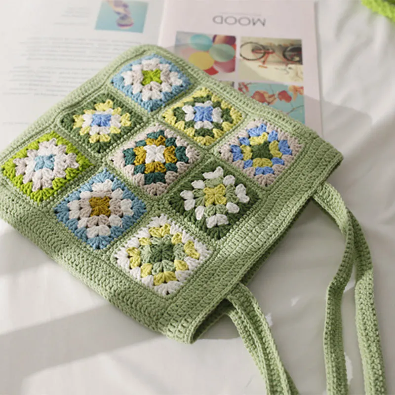 Hand-Woven Check Shoulder Bag Green Flower Stitching Tote