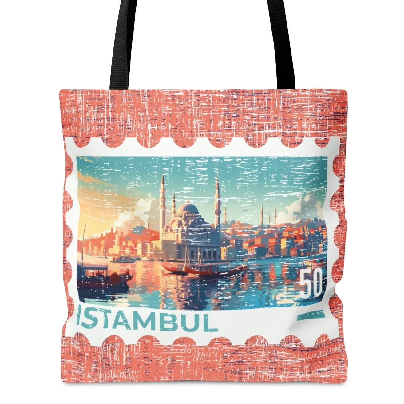 Istanbul Postage Stamp Large Tote Bag - Turkish Cityscape Design on Elegant Rose Background