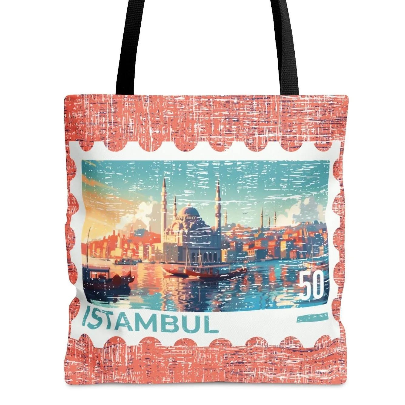 Istanbul Postage Stamp Large Tote Bag - Turkish Cityscape Design on Elegant Rose Background