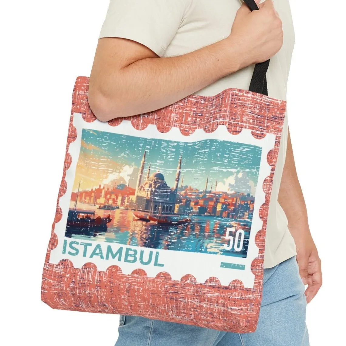 Istanbul Postage Stamp Large Tote Bag - Turkish Cityscape Design on Elegant Rose Background