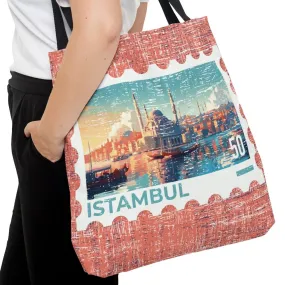 Istanbul Postage Stamp Large Tote Bag - Turkish Cityscape Design on Elegant Rose Background