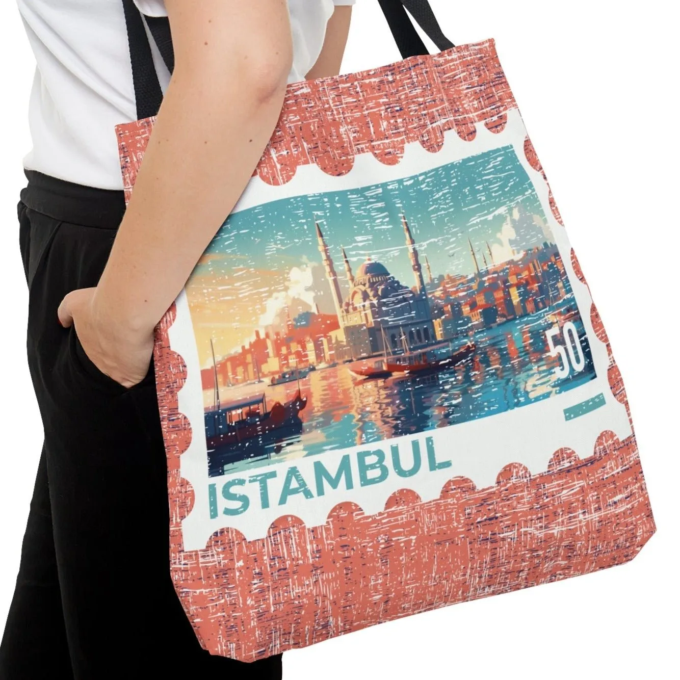 Istanbul Postage Stamp Large Tote Bag - Turkish Cityscape Design on Elegant Rose Background