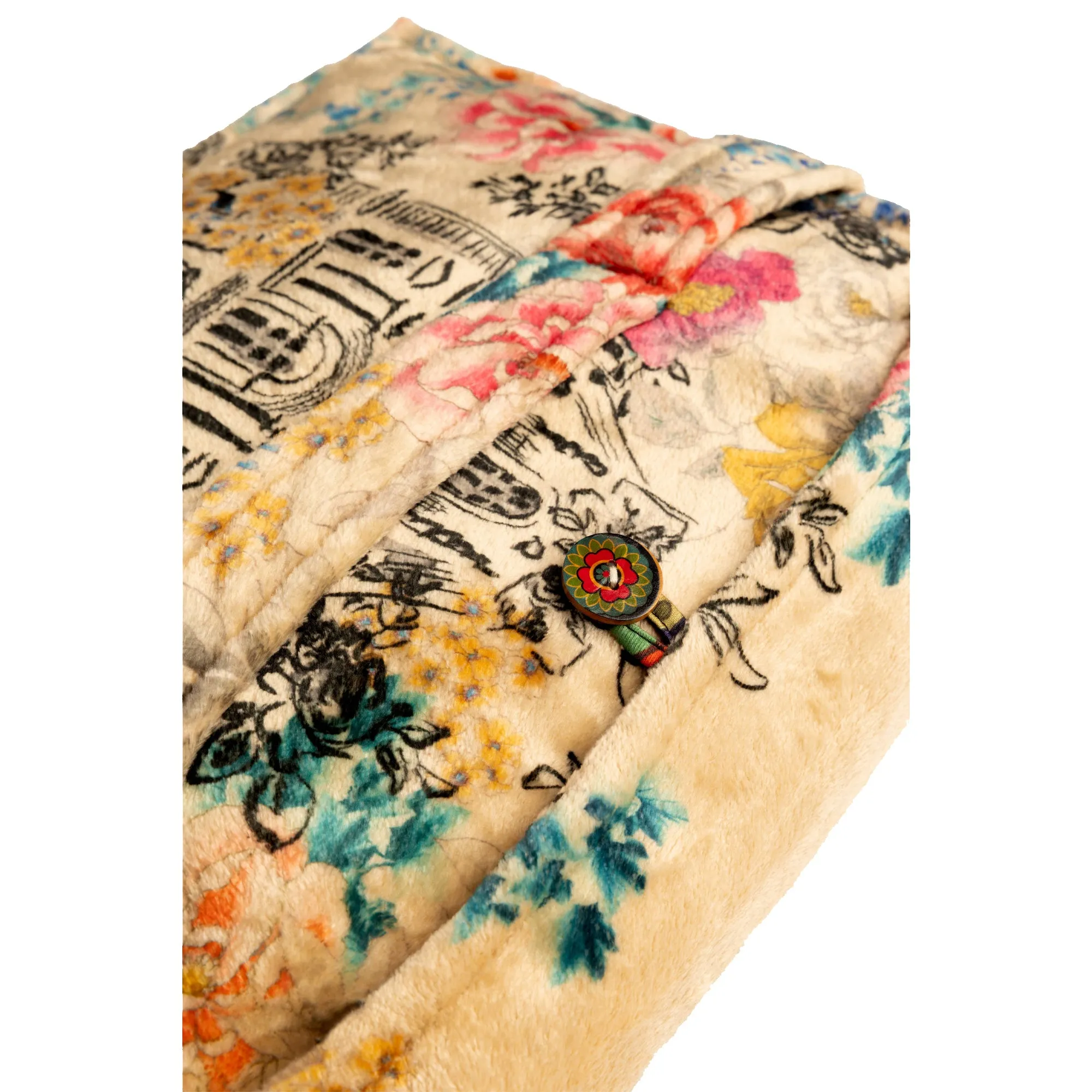 Johnny Was Laville Travel Blanket Cozy Reversible Floral Home Lounge Beige Black NEW