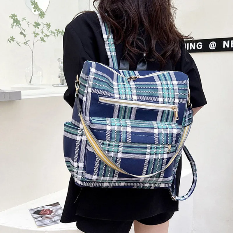 Multifunciton Casual Women Rucksack Daypack Leather Plaid Backpack With Shoulder Strap