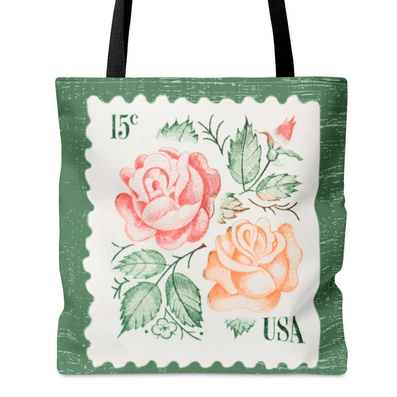 Rose Stamp on Sage Green Large Tote Bag - Elegant Floral Design