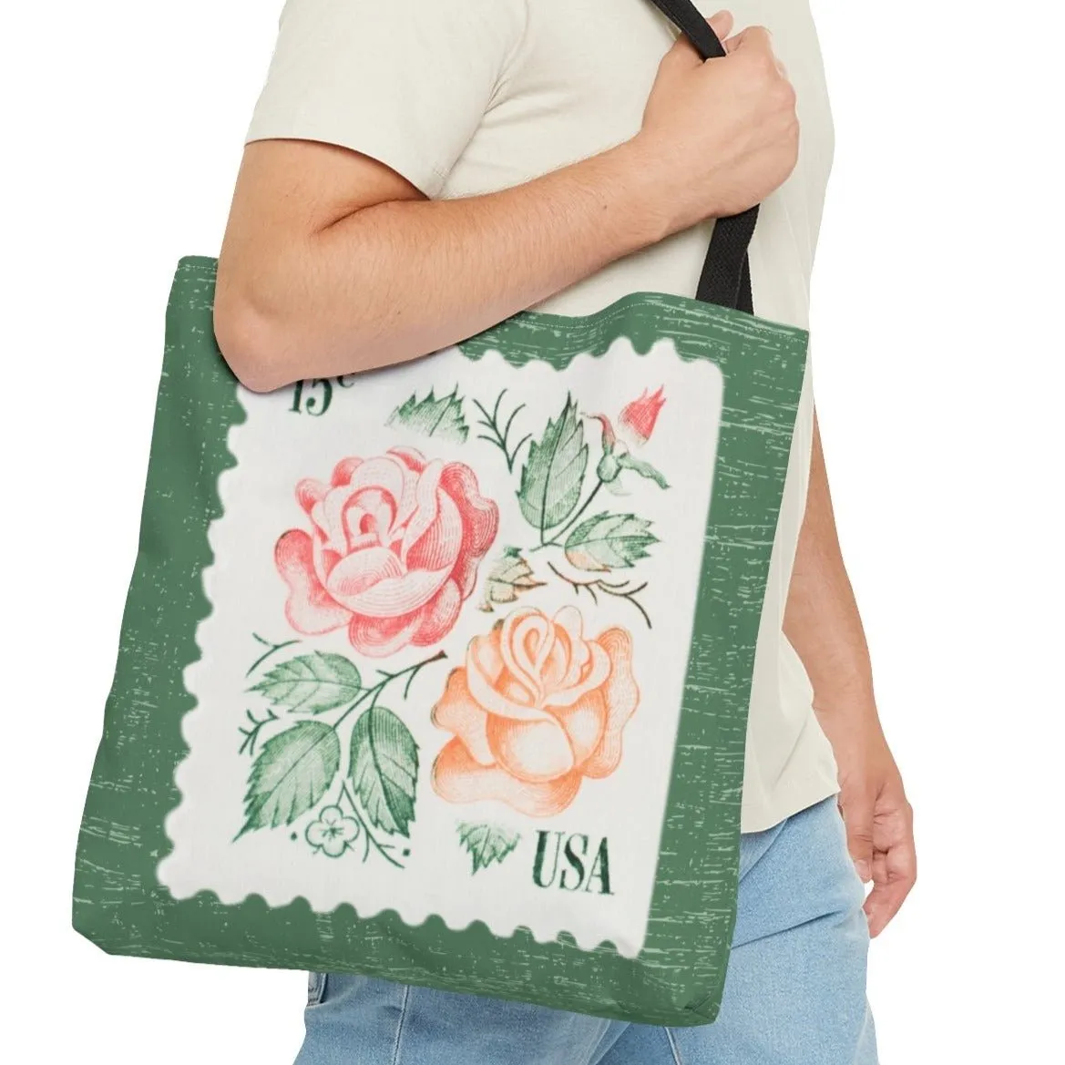 Rose Stamp on Sage Green Large Tote Bag - Elegant Floral Design