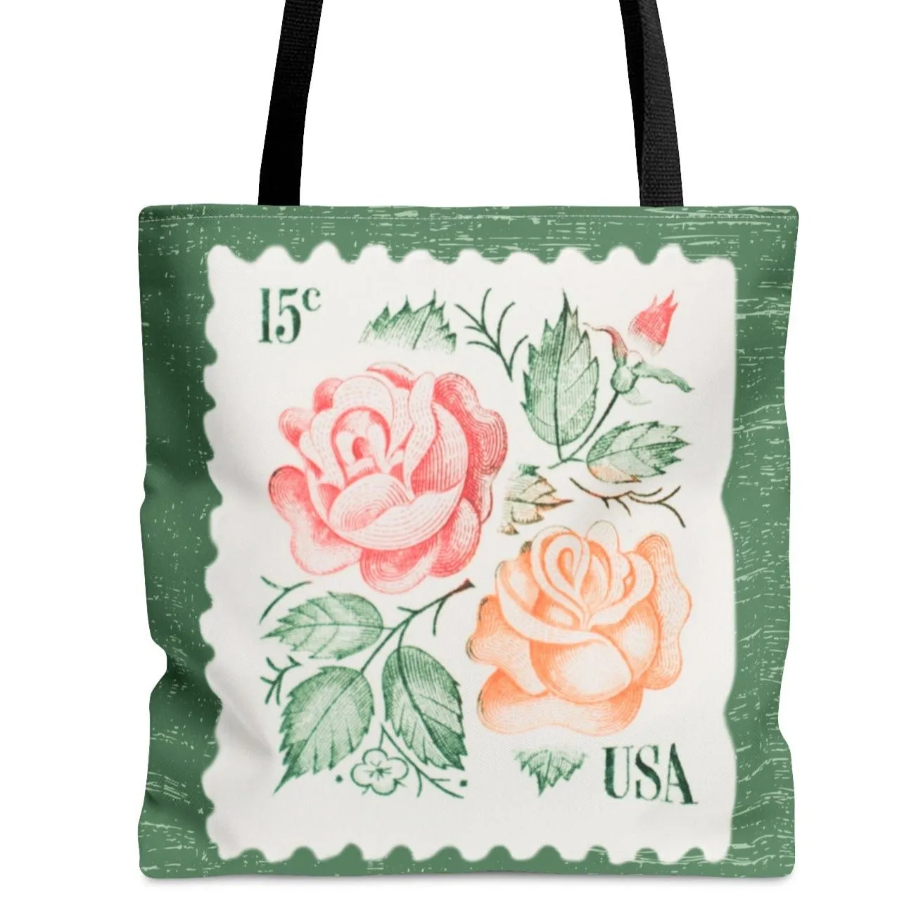Rose Stamp on Sage Green Large Tote Bag - Elegant Floral Design