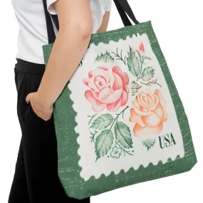 Rose Stamp on Sage Green Large Tote Bag - Elegant Floral Design