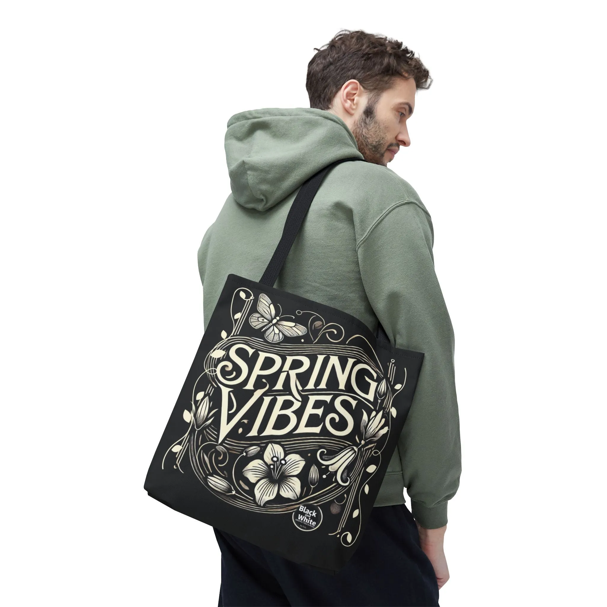 Spring Vibes Black Tote Bag - Eco-Friendly Reusable Shopper for Women, Trendy Large Canvas Bag for Everyday Use, Market, Beach, Gifts & More