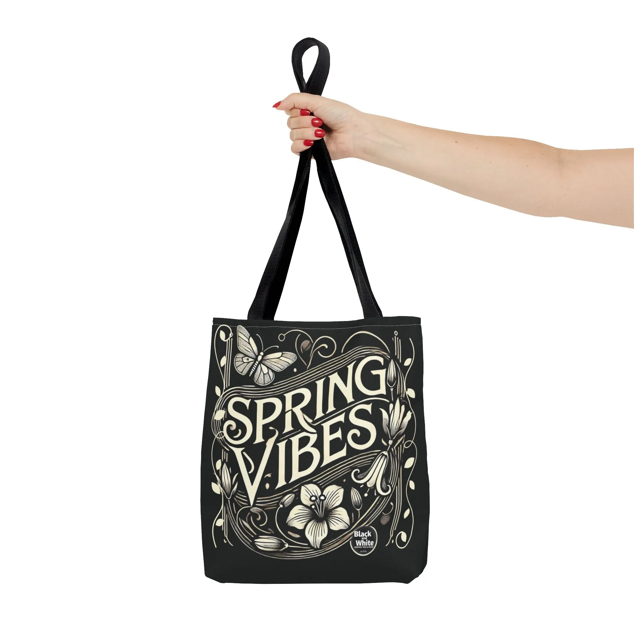 Spring Vibes Black Tote Bag - Eco-Friendly Reusable Shopper for Women, Trendy Large Canvas Bag for Everyday Use, Market, Beach, Gifts & More