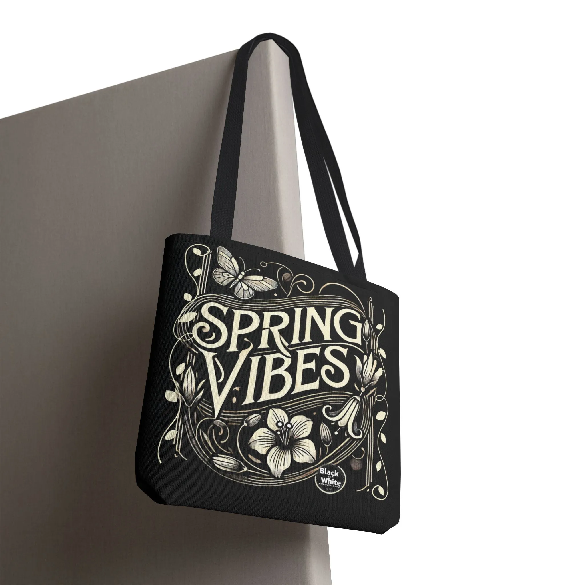 Spring Vibes Black Tote Bag - Eco-Friendly Reusable Shopper for Women, Trendy Large Canvas Bag for Everyday Use, Market, Beach, Gifts & More