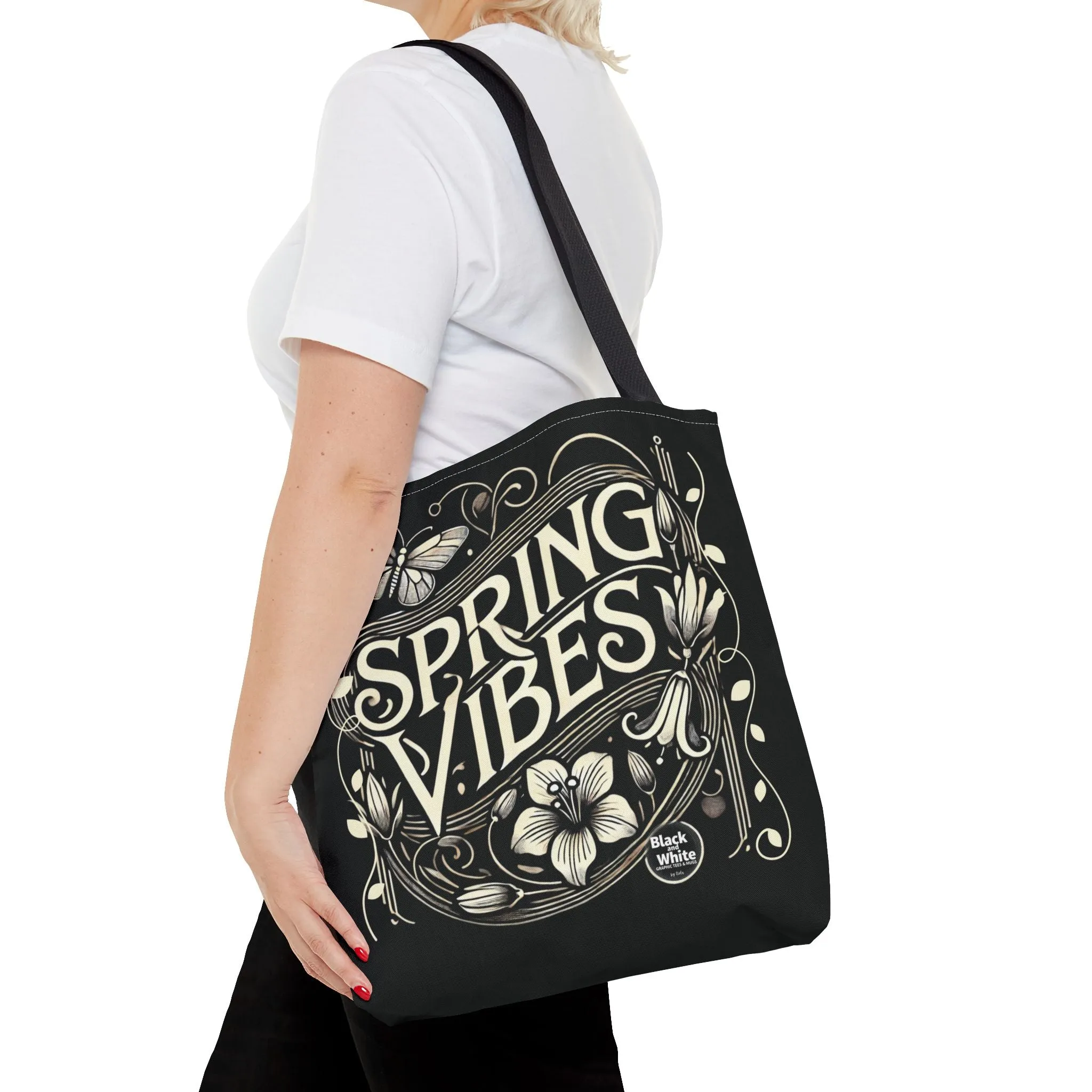 Spring Vibes Black Tote Bag - Eco-Friendly Reusable Shopper for Women, Trendy Large Canvas Bag for Everyday Use, Market, Beach, Gifts & More