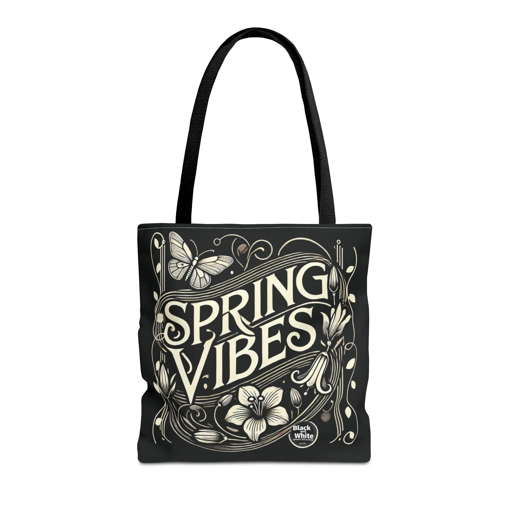Spring Vibes Black Tote Bag - Eco-Friendly Reusable Shopper for Women, Trendy Large Canvas Bag for Everyday Use, Market, Beach, Gifts & More
