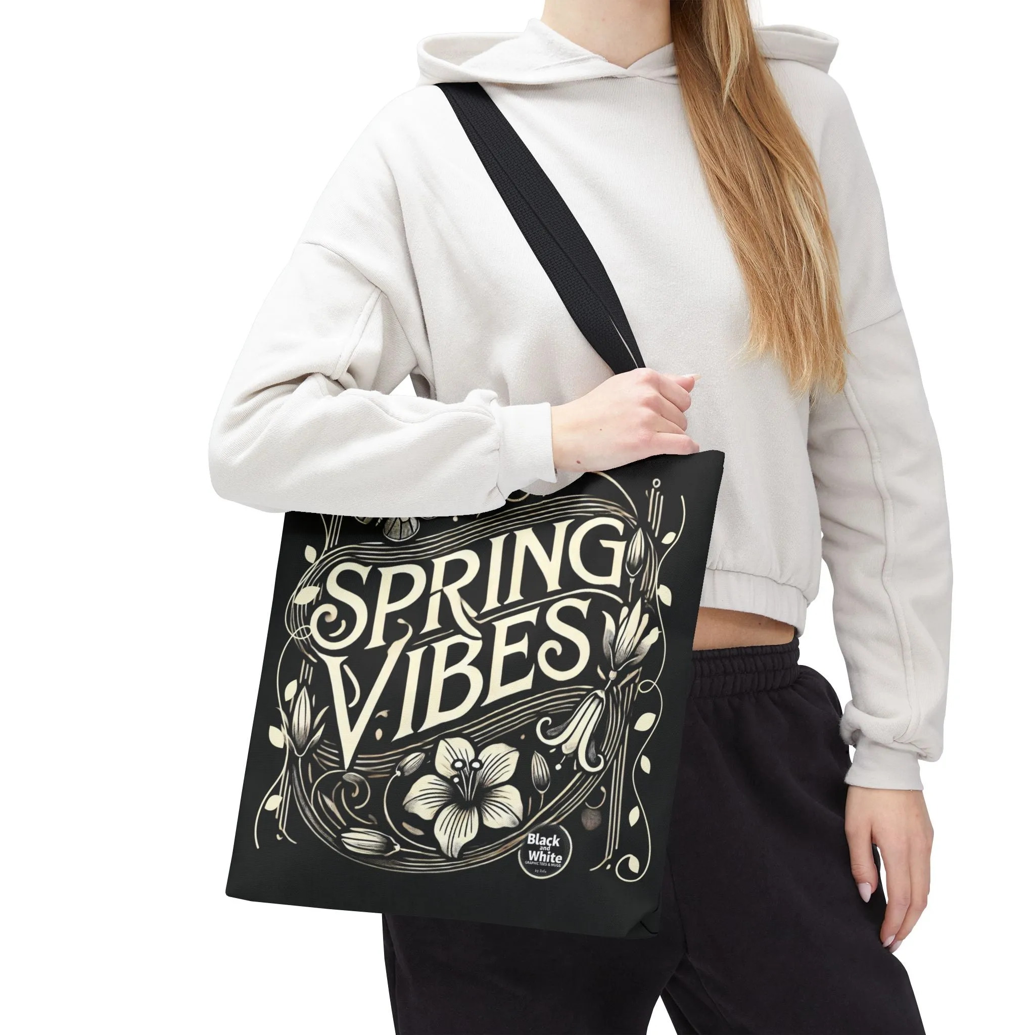 Spring Vibes Black Tote Bag - Eco-Friendly Reusable Shopper for Women, Trendy Large Canvas Bag for Everyday Use, Market, Beach, Gifts & More