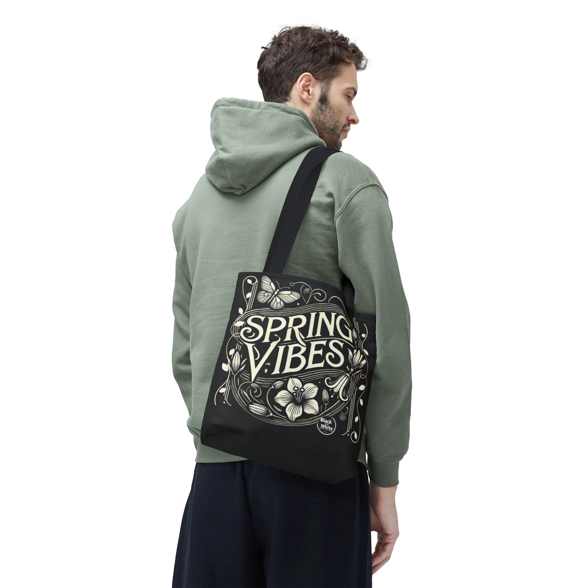 Spring Vibes Black Tote Bag - Eco-Friendly Reusable Shopper for Women, Trendy Large Canvas Bag for Everyday Use, Market, Beach, Gifts & More