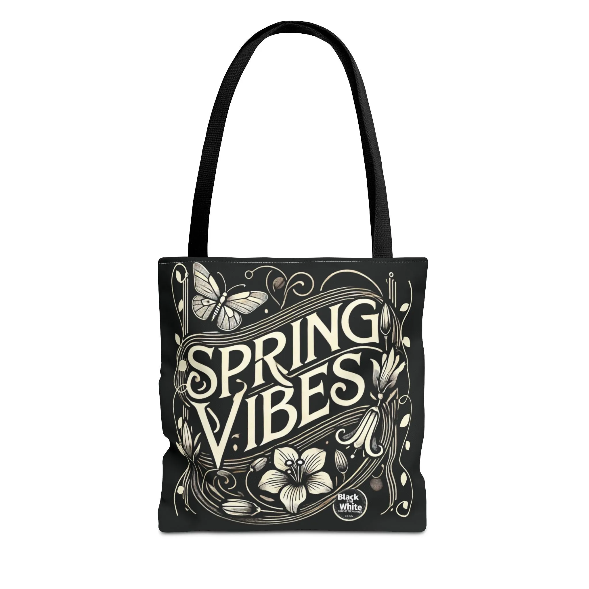 Spring Vibes Black Tote Bag - Eco-Friendly Reusable Shopper for Women, Trendy Large Canvas Bag for Everyday Use, Market, Beach, Gifts & More