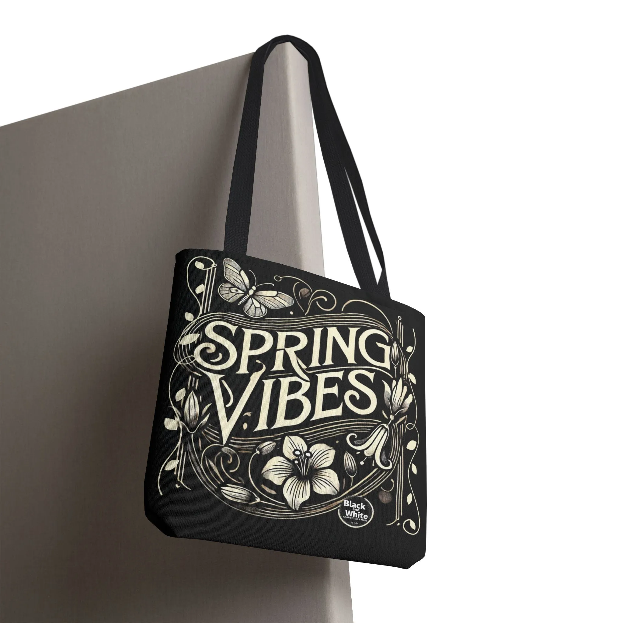 Spring Vibes Black Tote Bag - Eco-Friendly Reusable Shopper for Women, Trendy Large Canvas Bag for Everyday Use, Market, Beach, Gifts & More