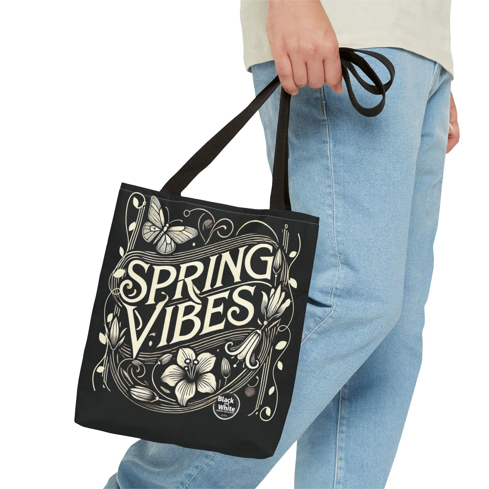Spring Vibes Black Tote Bag - Eco-Friendly Reusable Shopper for Women, Trendy Large Canvas Bag for Everyday Use, Market, Beach, Gifts & More