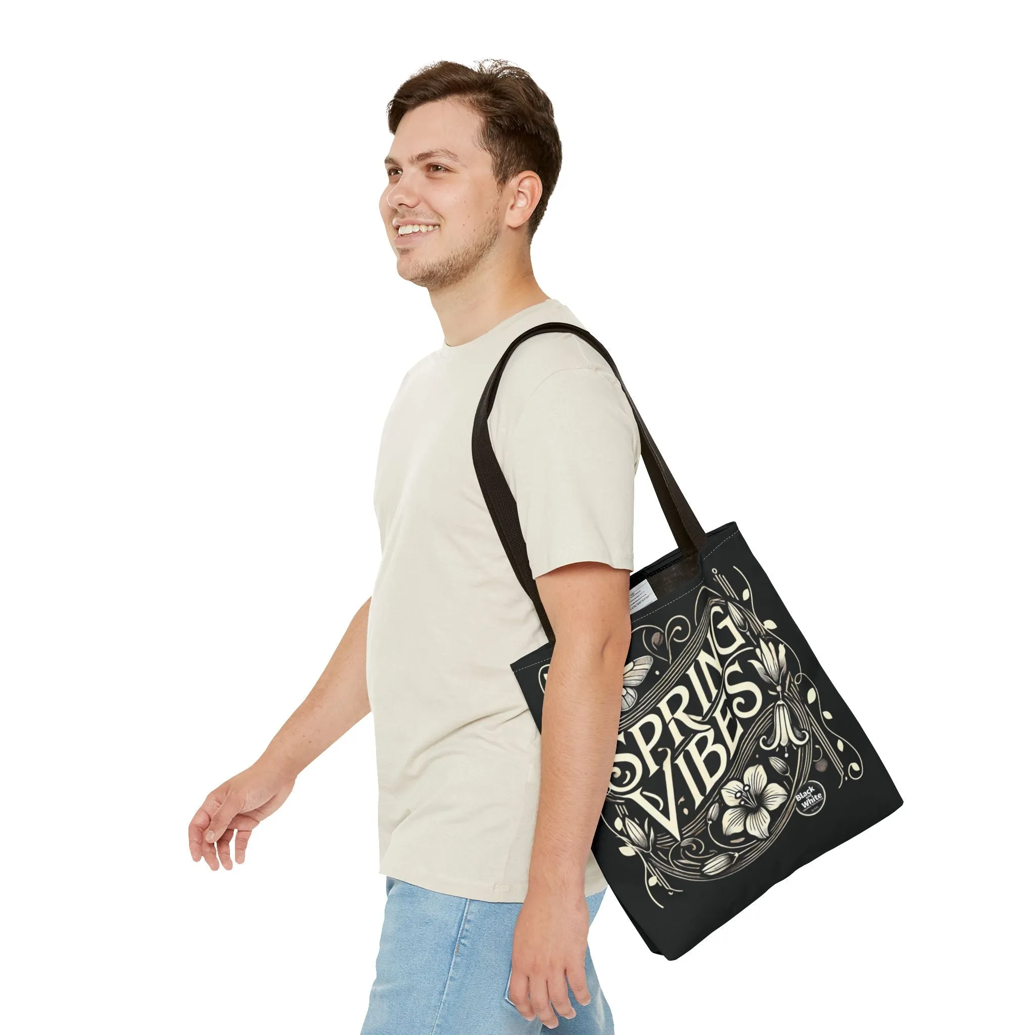 Spring Vibes Black Tote Bag - Eco-Friendly Reusable Shopper for Women, Trendy Large Canvas Bag for Everyday Use, Market, Beach, Gifts & More