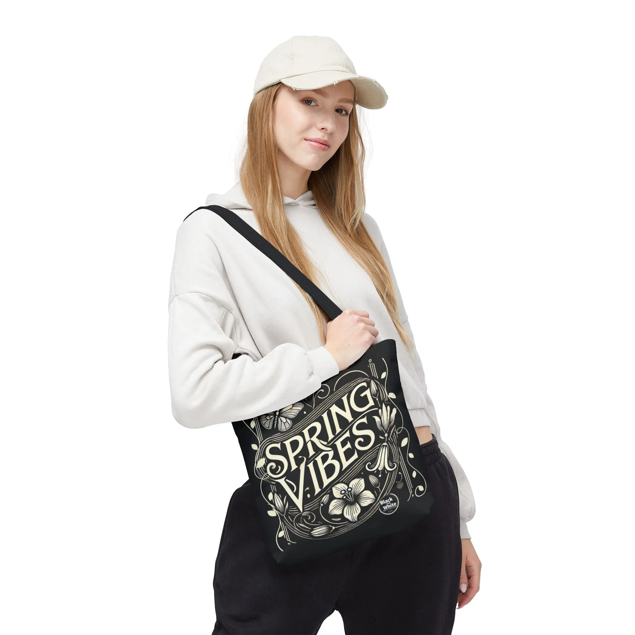 Spring Vibes Black Tote Bag - Eco-Friendly Reusable Shopper for Women, Trendy Large Canvas Bag for Everyday Use, Market, Beach, Gifts & More