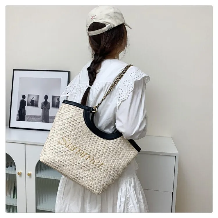 Straw Over The Shoulder Tote Bag-Showtown