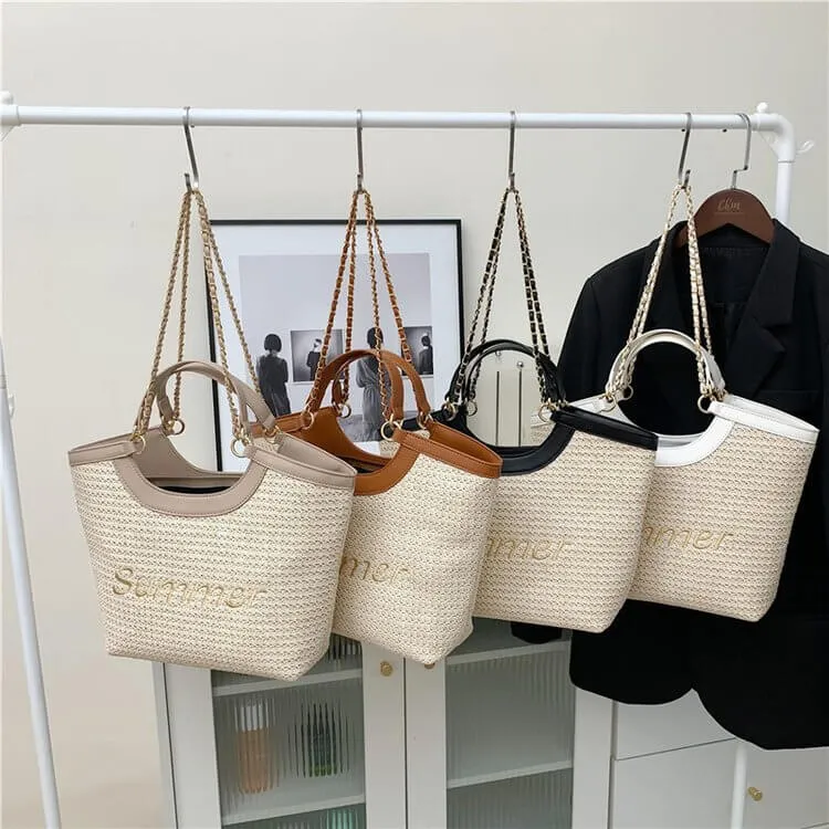 Straw Over The Shoulder Tote Bag-Showtown