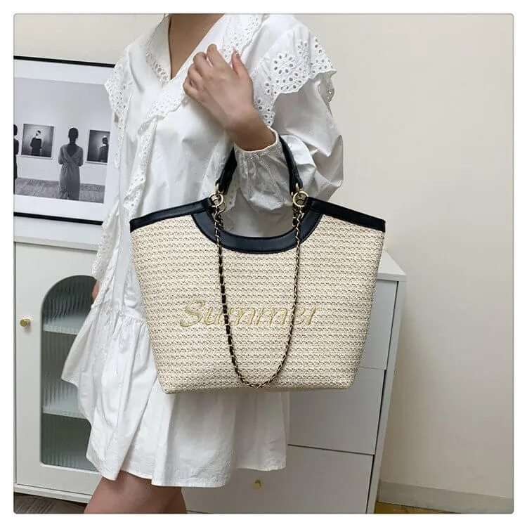 Straw Over The Shoulder Tote Bag-Showtown