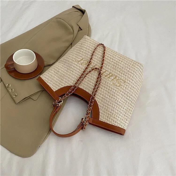 Straw Over The Shoulder Tote Bag-Showtown