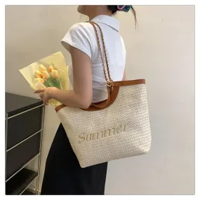 Straw Over The Shoulder Tote Bag-Showtown