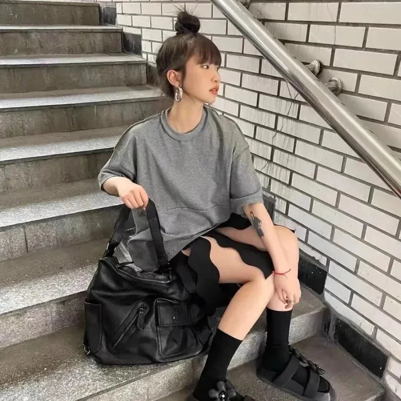 Uakiss Black Vintage Womens Shoulder Bag Plain Luxury Motorcycle Messenger Bag Designer Large Capacity Multi-functional Backpacks