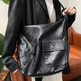 Uakiss Black Vintage Womens Shoulder Bag Plain Luxury Motorcycle Messenger Bag Designer Large Capacity Multi-functional Backpacks