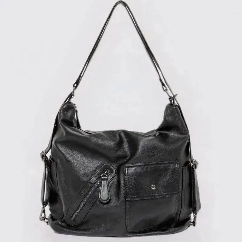 Uakiss Black Vintage Womens Shoulder Bag Plain Luxury Motorcycle Messenger Bag Designer Large Capacity Multi-functional Backpacks