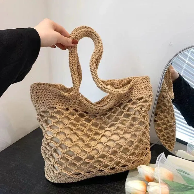 UAKISS  - Spring New Grass Woven Shoulder Bag Fashionable Large Capacity Knitting Women's Handbag Shoulder Bag Casual Tote Zipper Tote Bag