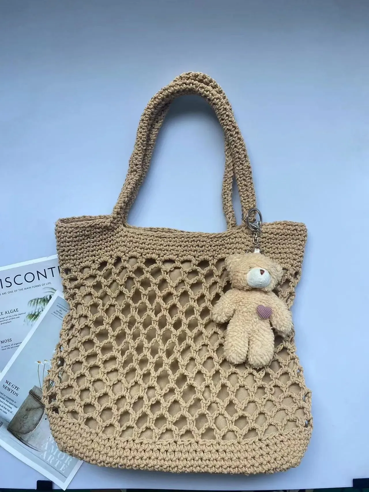 UAKISS  - Spring New Grass Woven Shoulder Bag Fashionable Large Capacity Knitting Women's Handbag Shoulder Bag Casual Tote Zipper Tote Bag