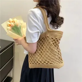 UAKISS  - Spring New Grass Woven Shoulder Bag Fashionable Large Capacity Knitting Women's Handbag Shoulder Bag Casual Tote Zipper Tote Bag