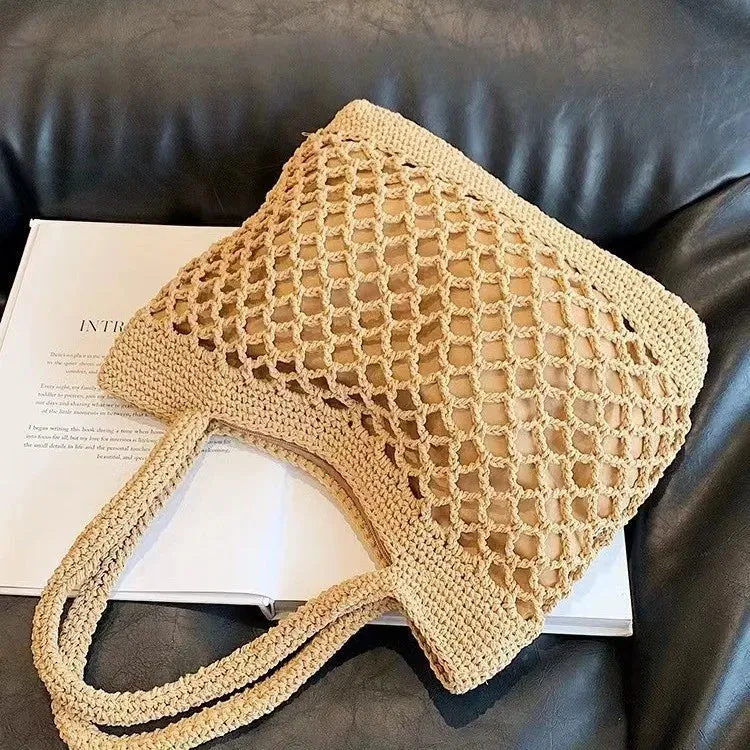UAKISS  - Spring New Grass Woven Shoulder Bag Fashionable Large Capacity Knitting Women's Handbag Shoulder Bag Casual Tote Zipper Tote Bag